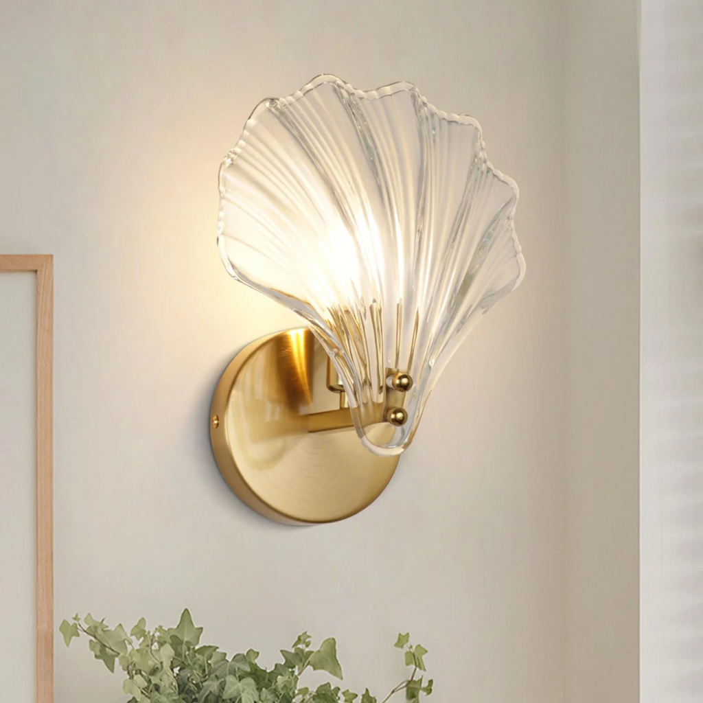 Aeloria Glass Shell Wall Lamp With Brass Finish For Bedroom