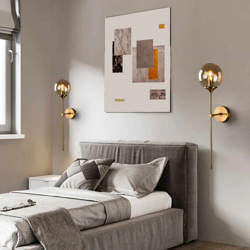 Aelora | Smoked Glass Wall Lamp With Gold Metal Frame