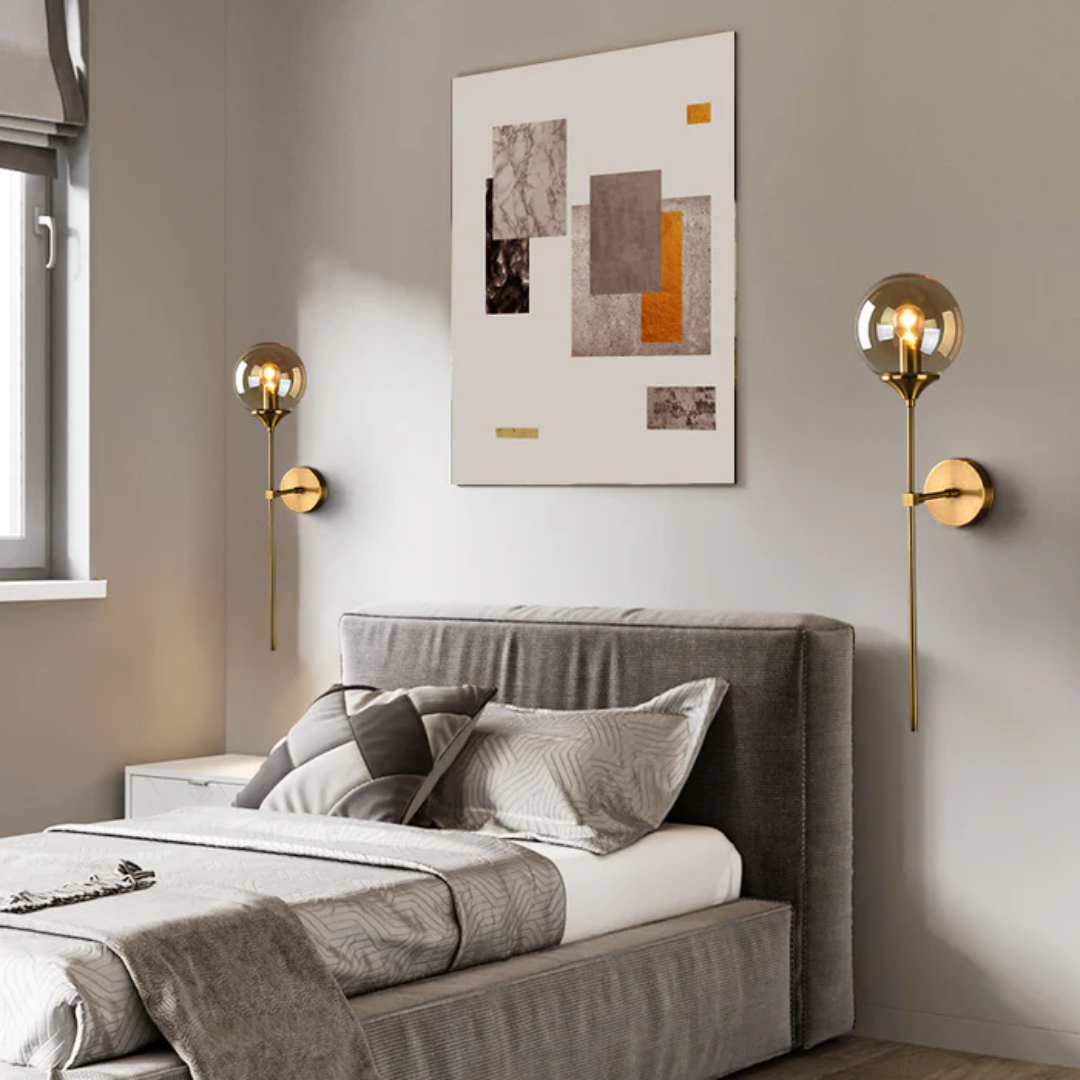 Aelora | Smoked Glass Wall Lamp With Gold Metal Frame