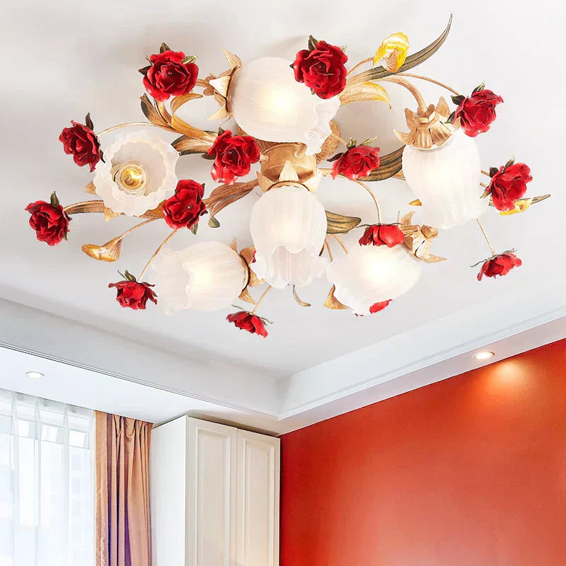 Aurielle | Romantic Gold Ceiling Light With Red Glass Rose
