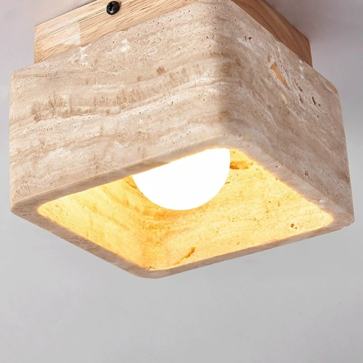 Kirrea Square Travertine-Look Wood LED Ceiling Lamp