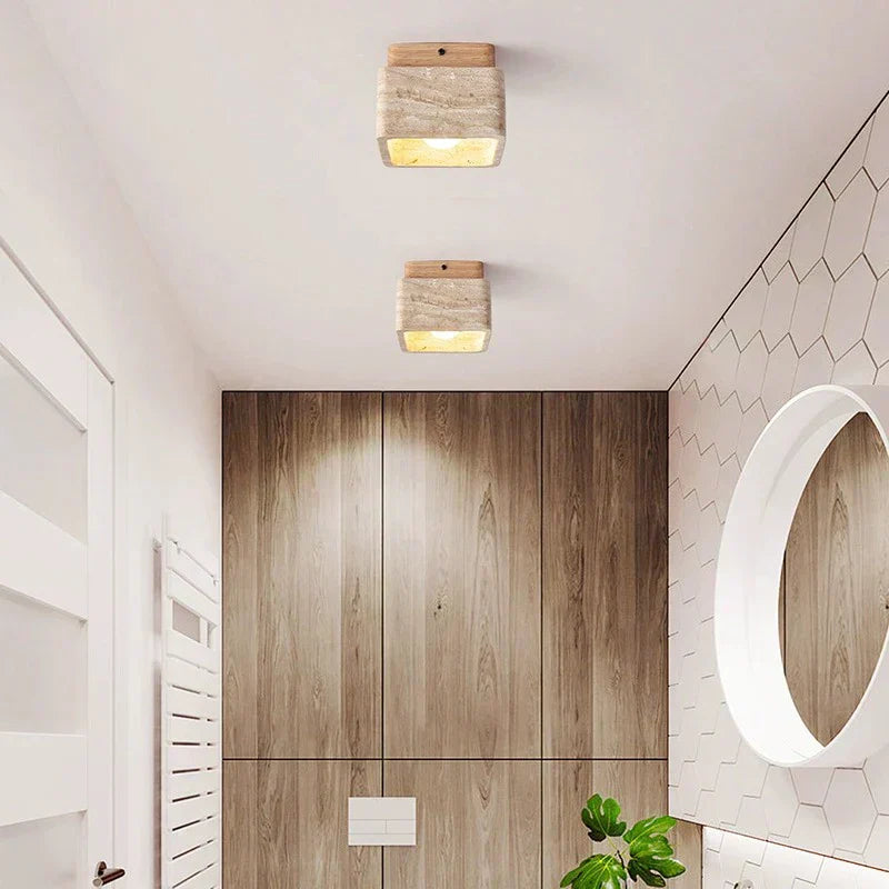 Kirrea Square Travertine-Look Wood LED Ceiling Lamp