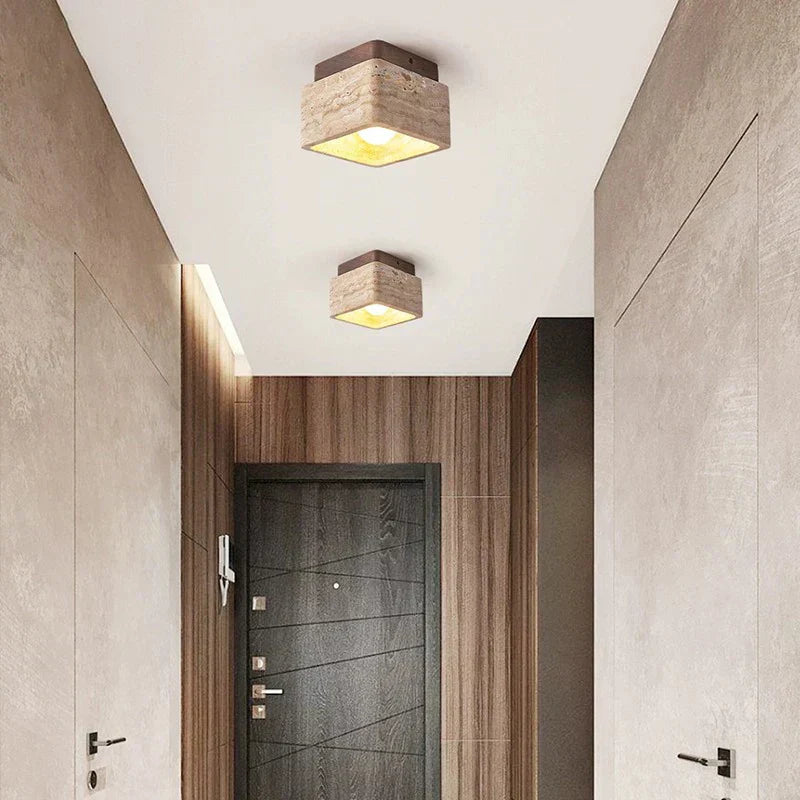 Kirrea Square Travertine-Look Wood LED Ceiling Lamp